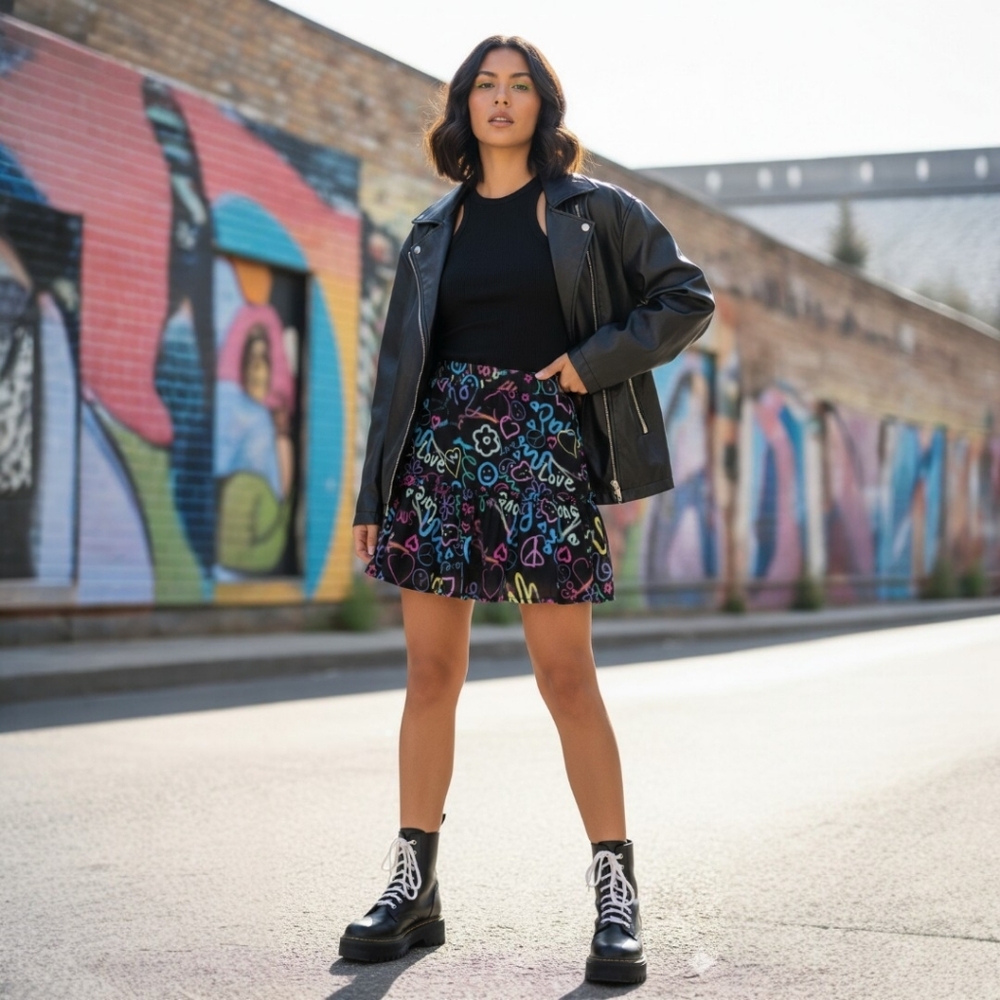 Truth NYC Graffiti Print Tiered Mini Skirt Neon‎ Hearts Smiley Face Black Medium